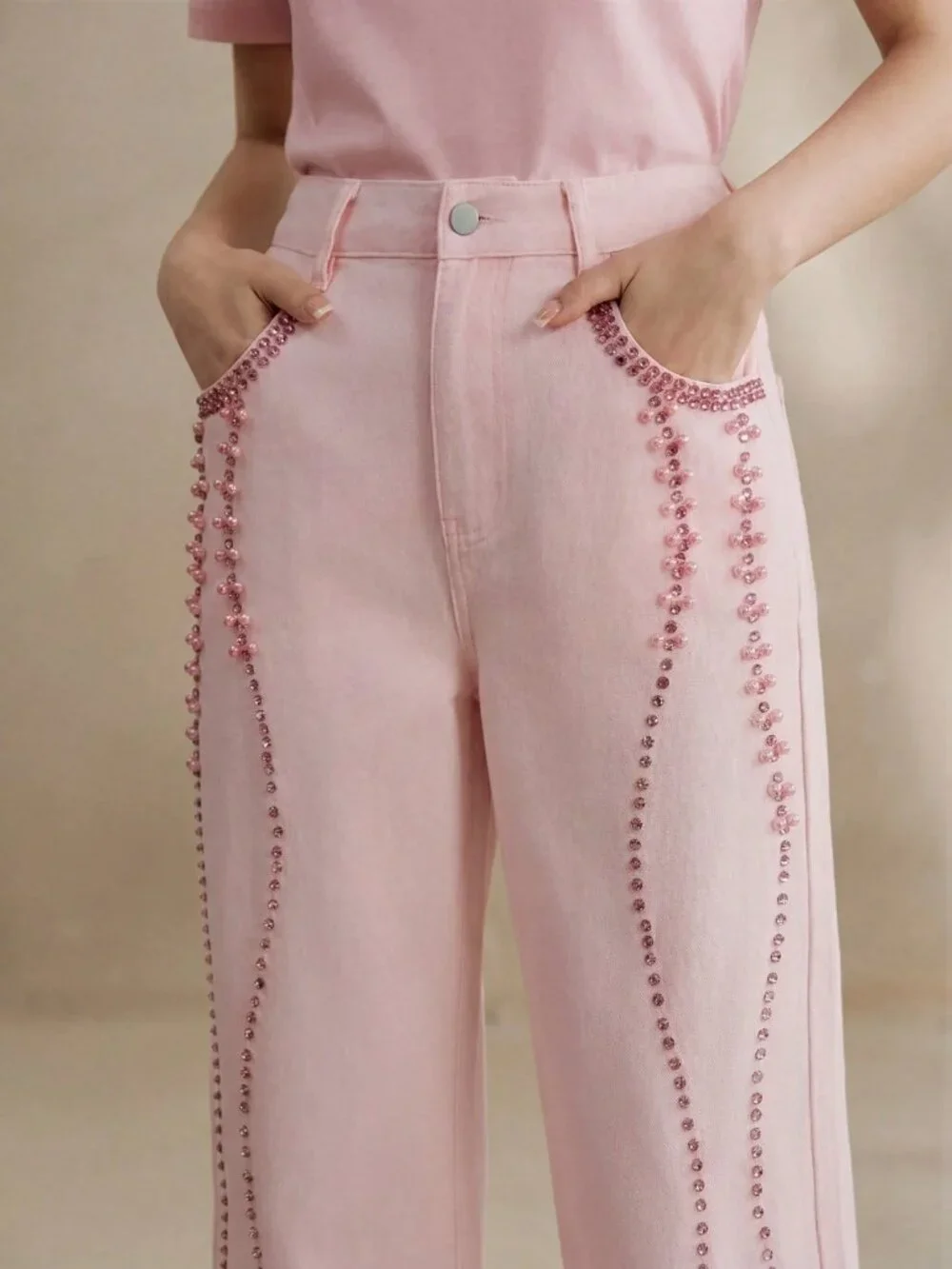 Pink Casual Women's Design Beaded Rhinestone Straight Leg Jeans